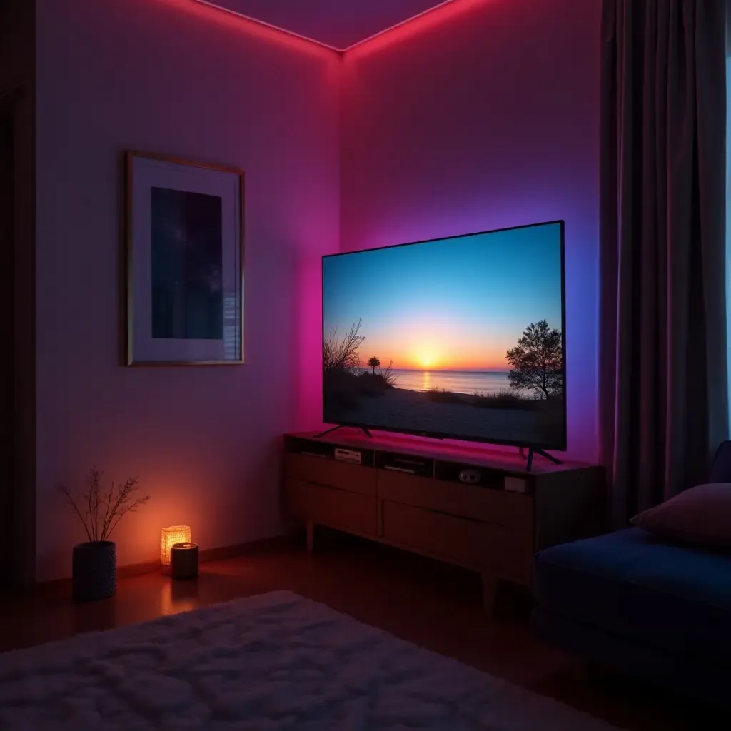 a photo of a corner TV with ambient lighting for a cozy vibe