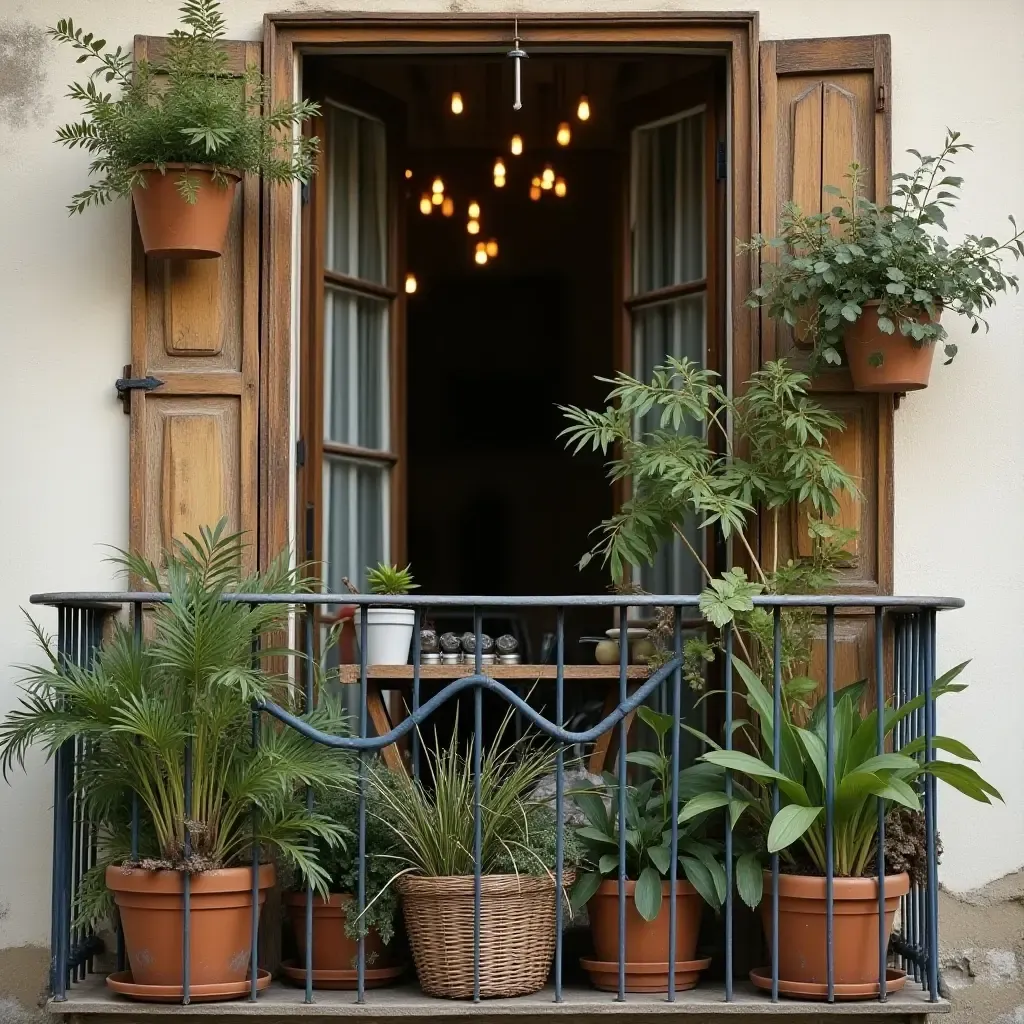 a photo of a balcony adorned with vintage decor and lush hanging plants