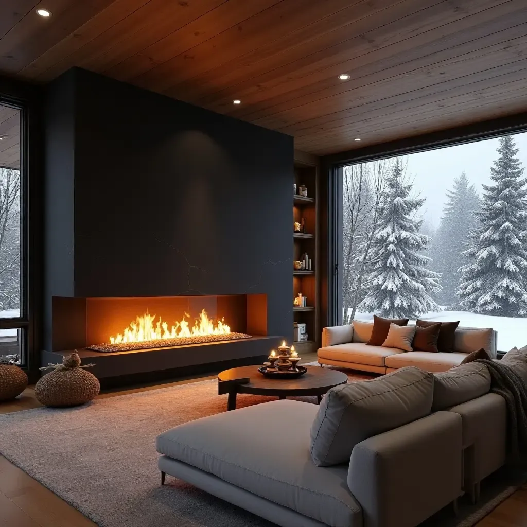 a photo of a winter-themed living room with a sectional and a roaring fireplace