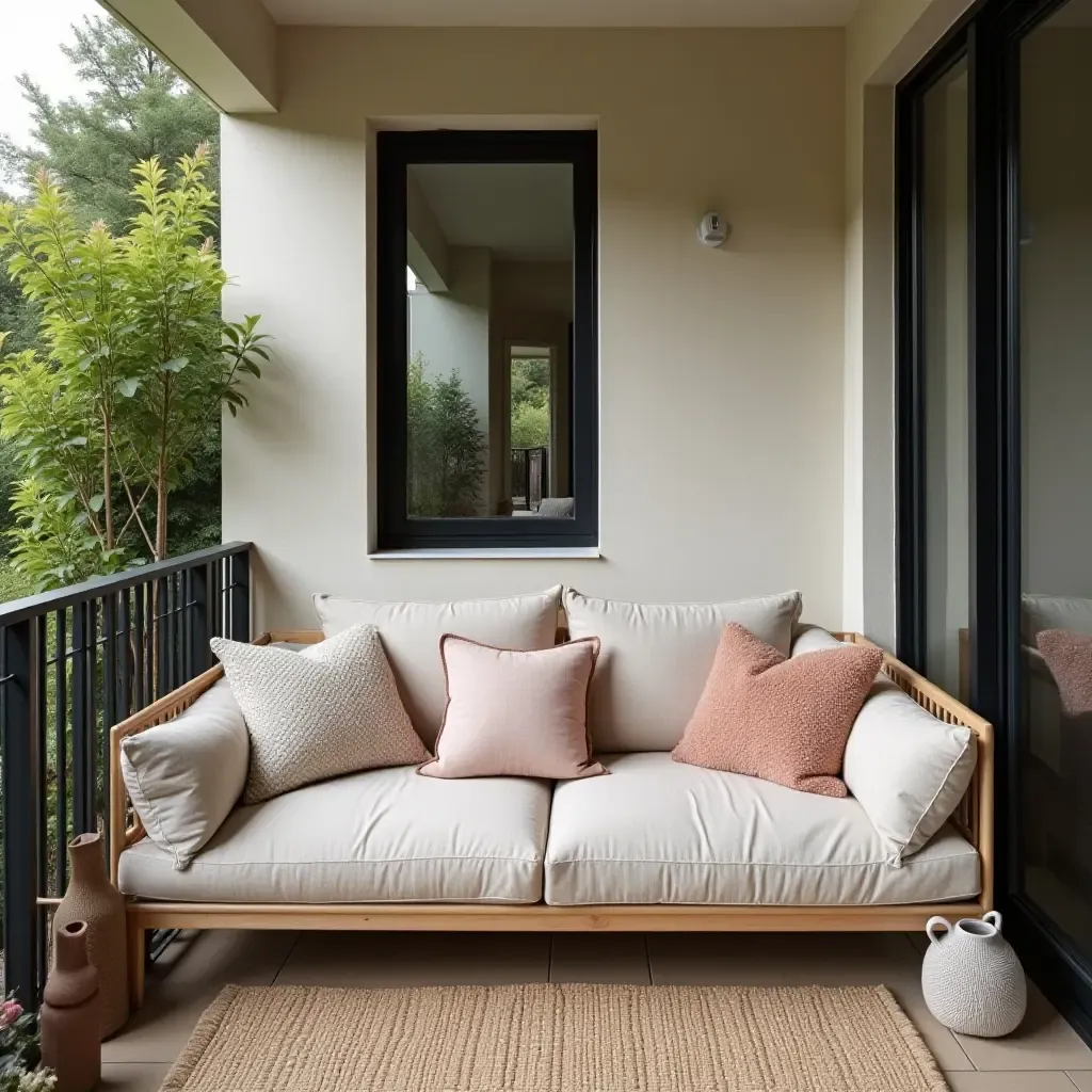 a photo of a balcony with a cozy corner filled with cushions