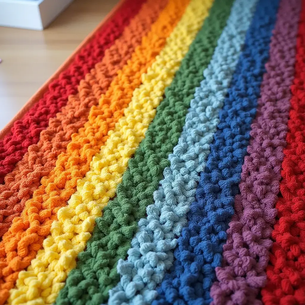 a photo of a rainbow-striped rug with playful textures for tactile fun