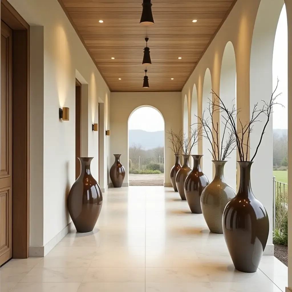 a photo of a corridor with unique decorative vases