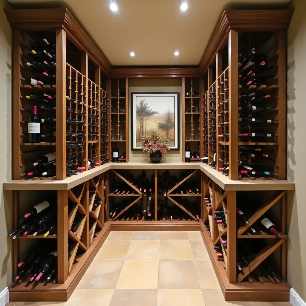 a photo of a basement wine cellar featuring DIY wine racks and decor