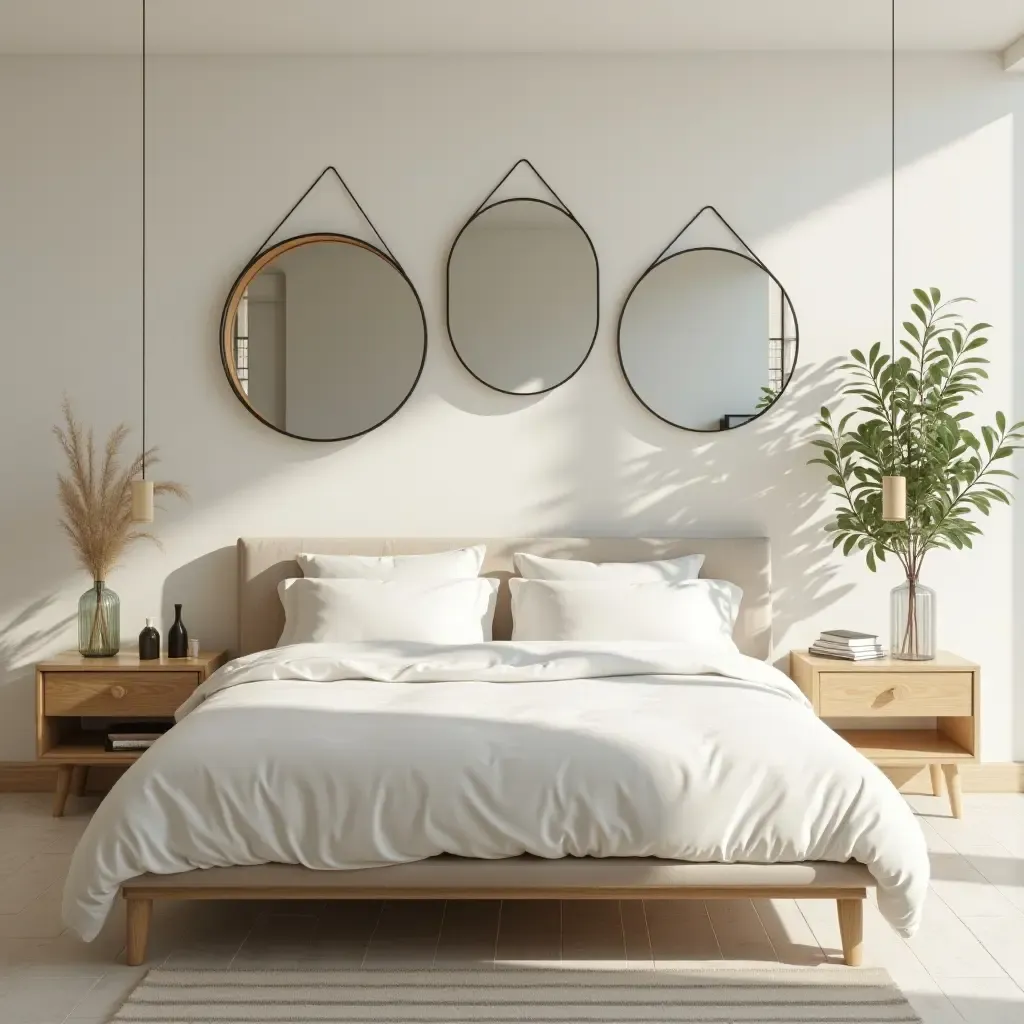 a photo of a serene bedroom with multiple mirrors reflecting sunlight