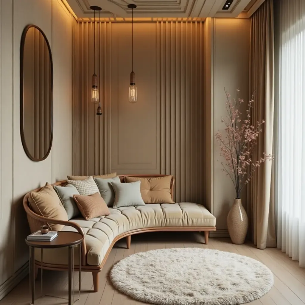 a photo of a cozy nook with a mirror creating a larger feel