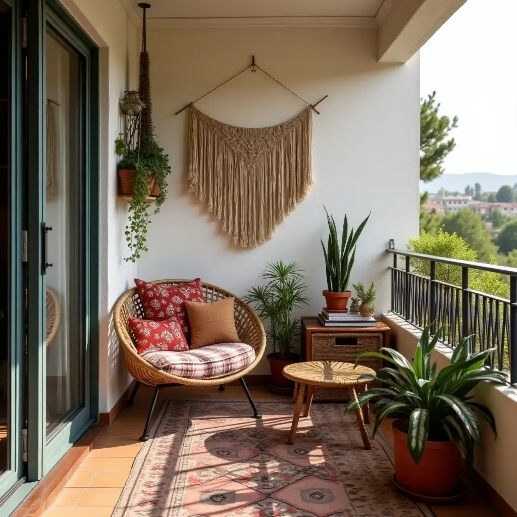 a photo of a bohemian balcony with eclectic storage and hanging decor