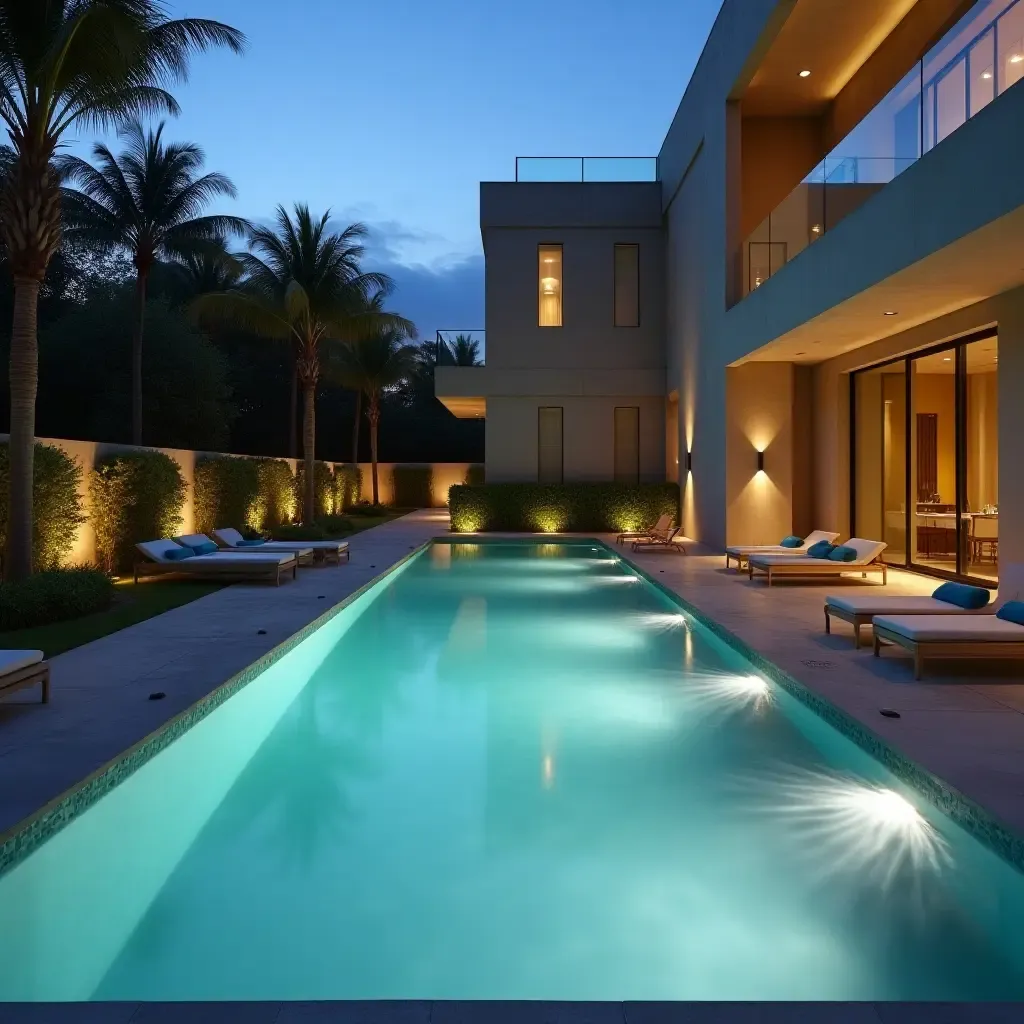 a photo of a serene spa-like pool area with calming water features and soft lighting