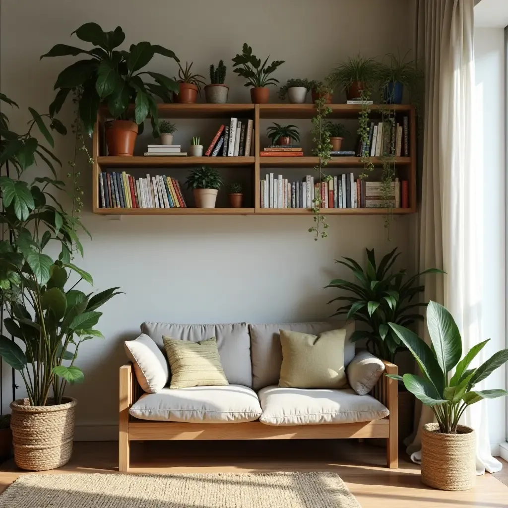 a photo of open shelving filled with plants, books, and a cozy reading nook