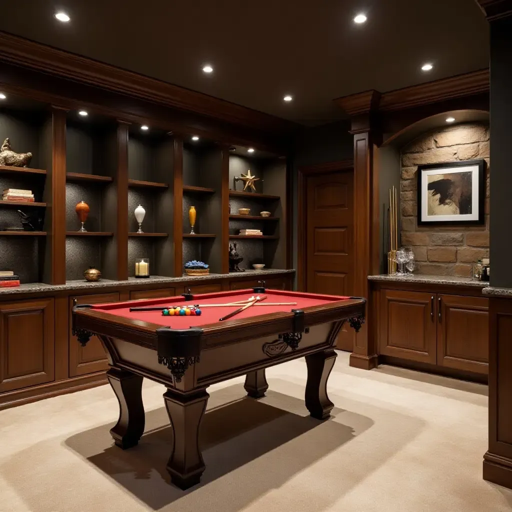 a photo of a basement game room with metallic shelving units