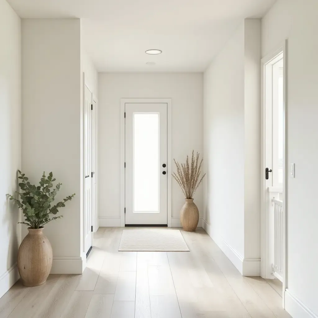 a photo of a serene hallway with soft colors and farmhouse-inspired decor