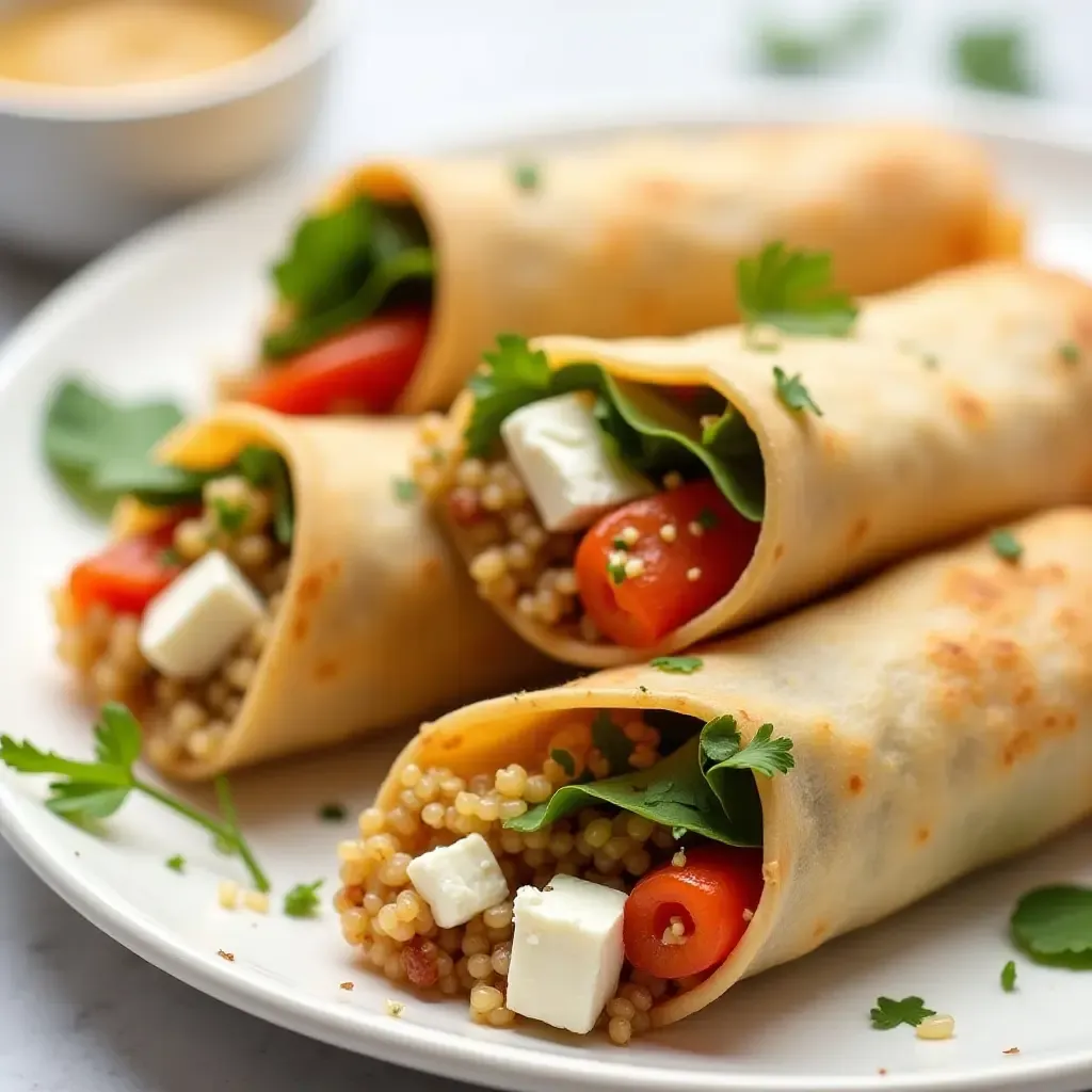 a photo of spring rolls filled with quinoa, roasted veggies, and goat cheese, with tahini dip.