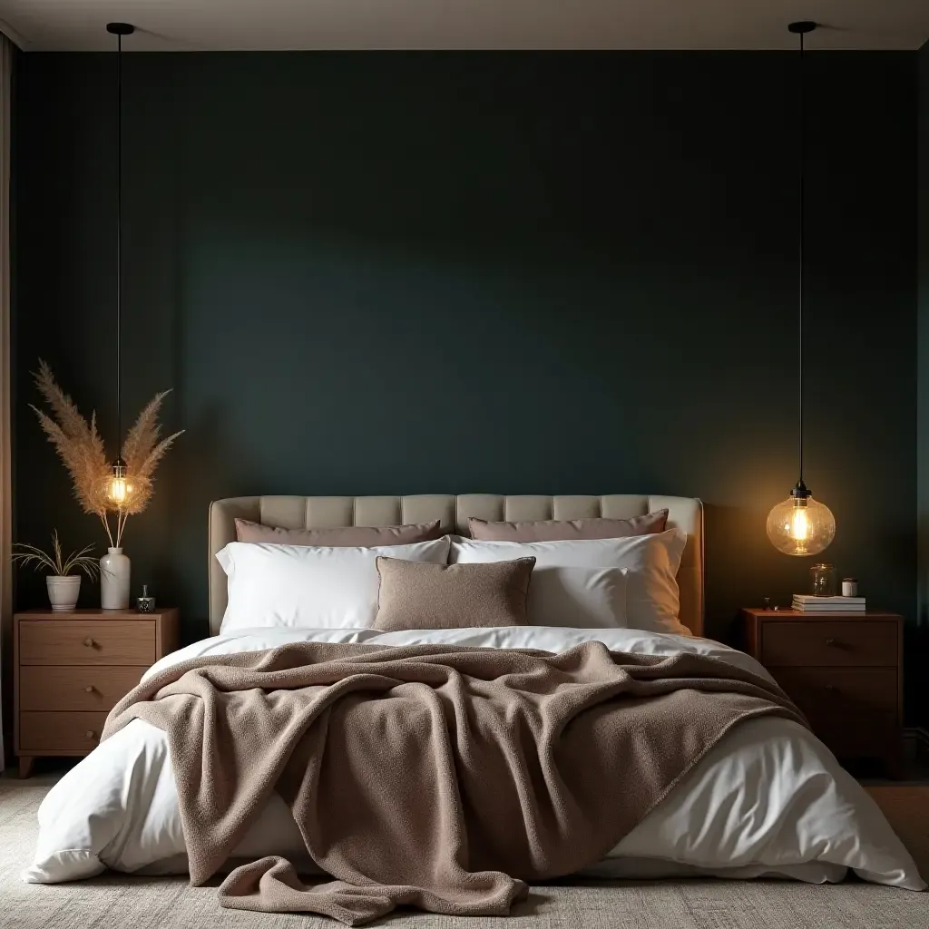 a photo of a master bedroom featuring a dark accent wall and cozy throws