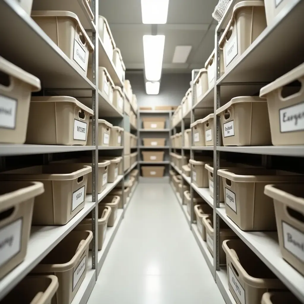 a photo of a well-organized corridor with labeled storage bins