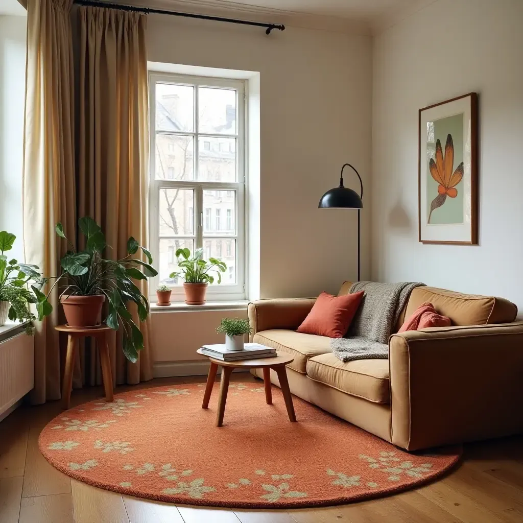 a photo of a retro-style rug adding warmth to the room