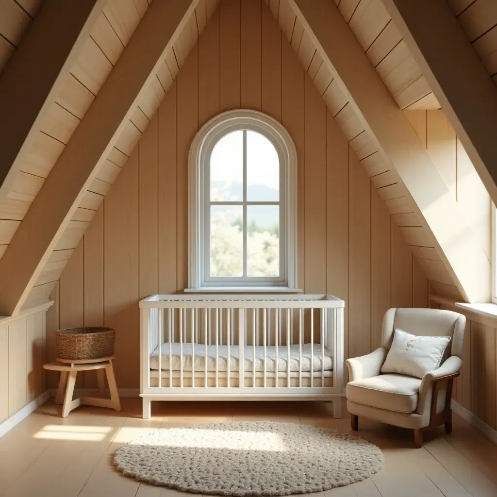 a photo of a nursery with wooden beams and soft lighting