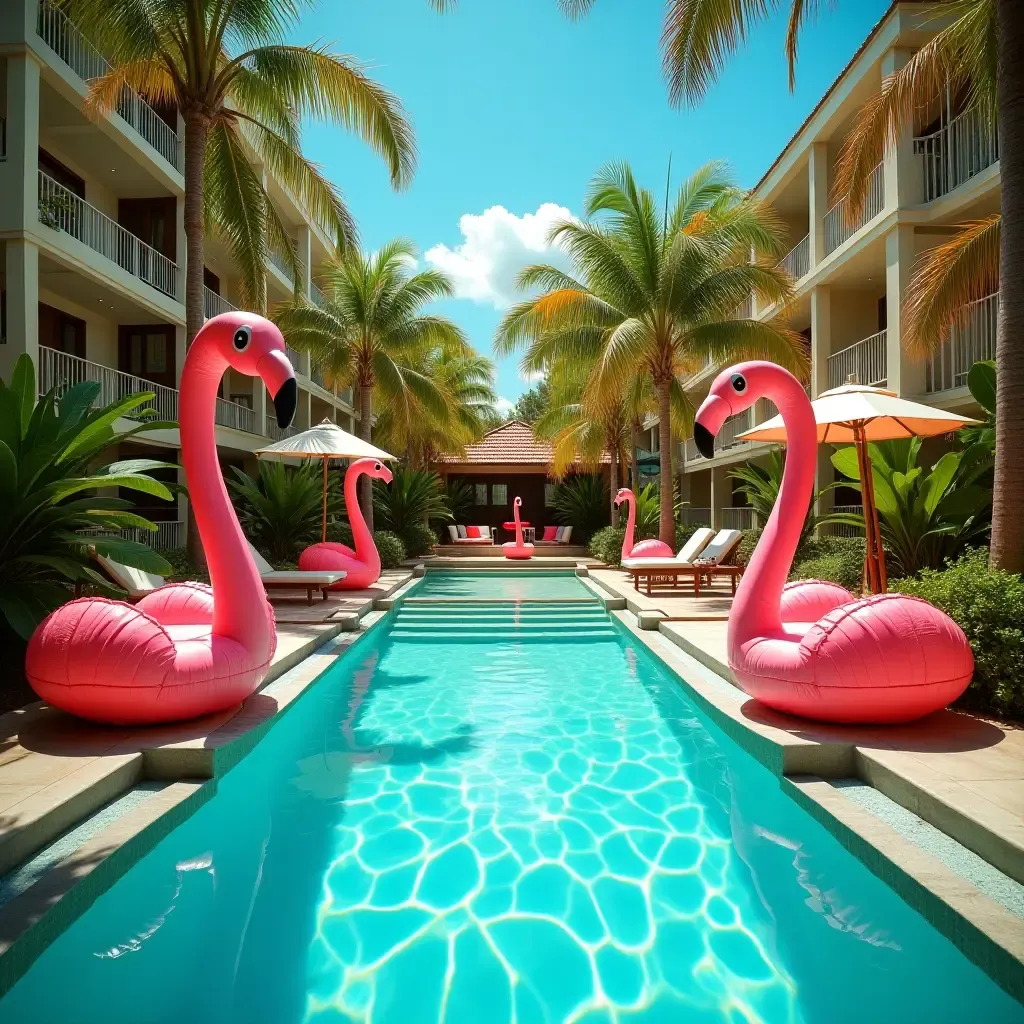 a photo of a tropical-themed poolside with colorful flamingo decorations