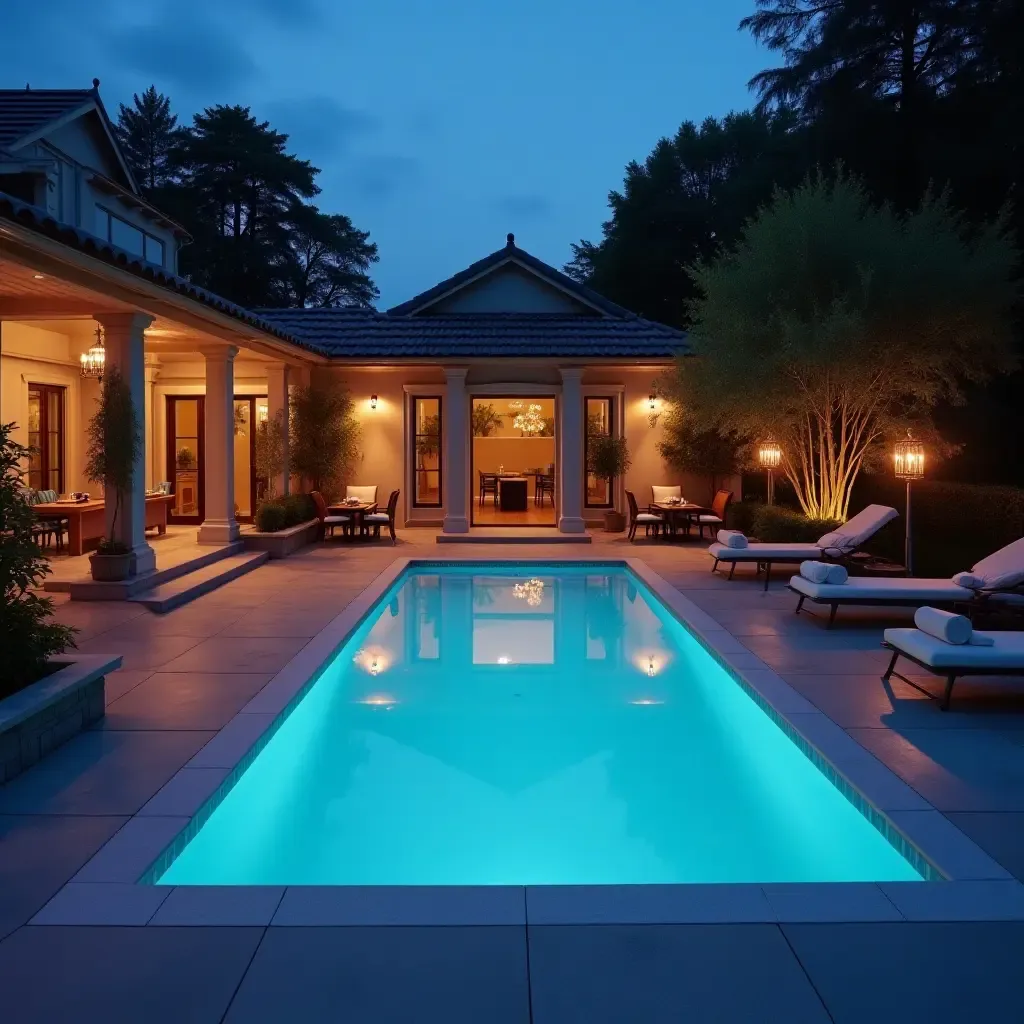 a photo of a romantic pool setting with soft lighting and pastel colors