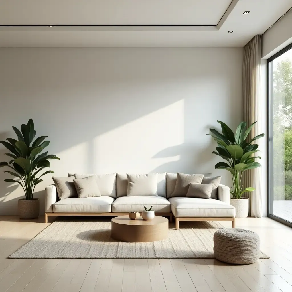 a photo of a spacious living room with a minimalist design and indoor greenery