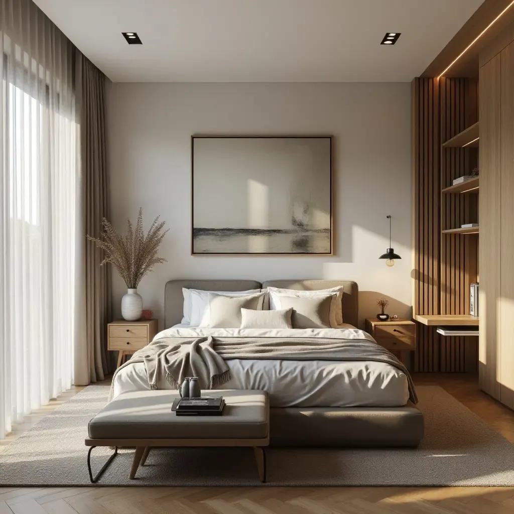 a photo of a contemporary bedroom with a mix of vintage and modern furniture