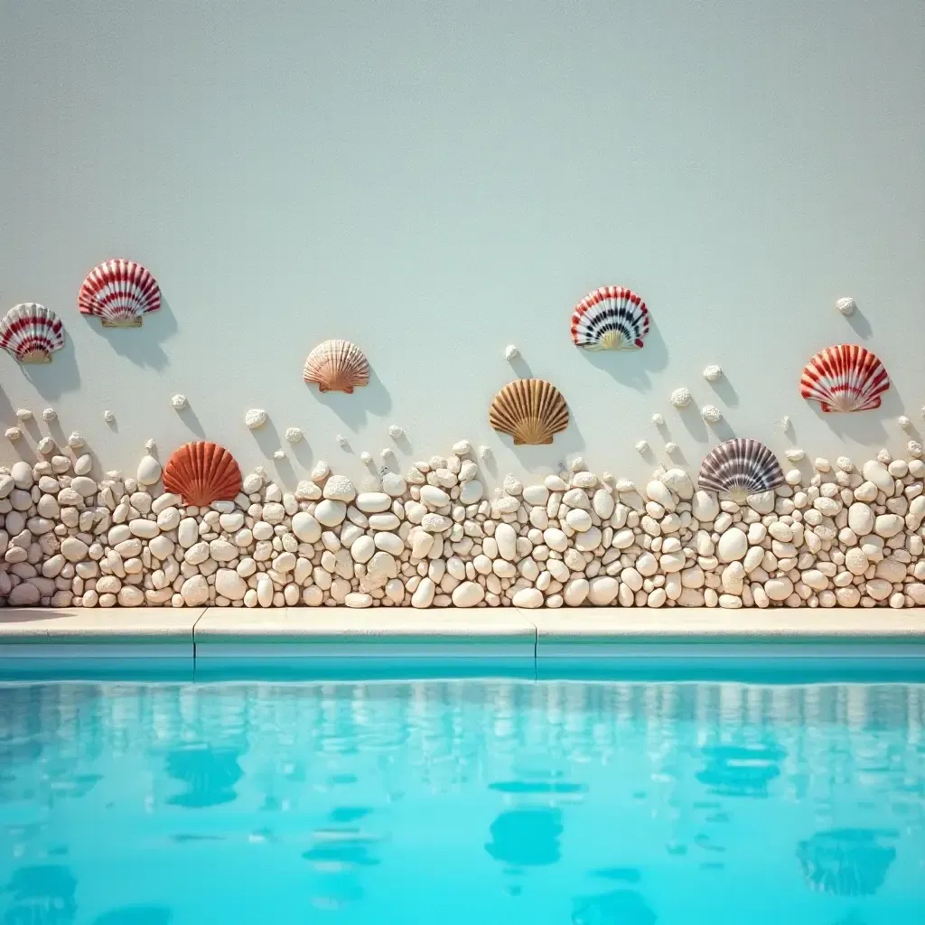 a photo of hand-painted seashells decorating a pool wall