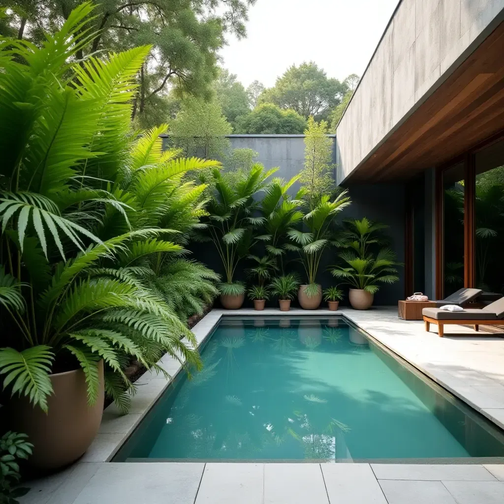 a photo of lush potted ferns surrounding a modern poolside