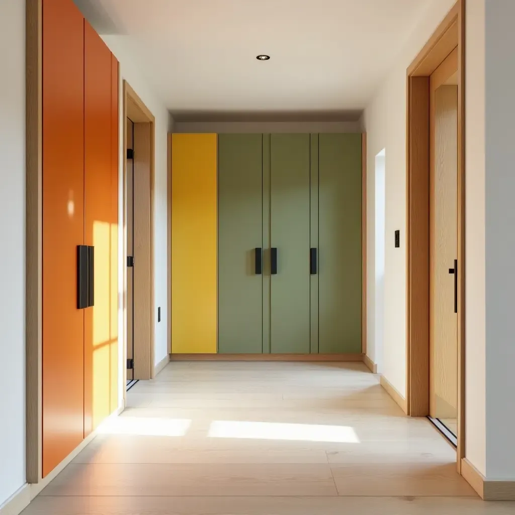 a photo of a bright entrance hall with vibrant storage solutions