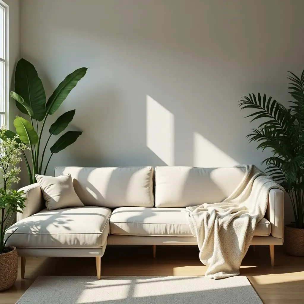 a photo of a comfortable sectional sofa surrounded by plants