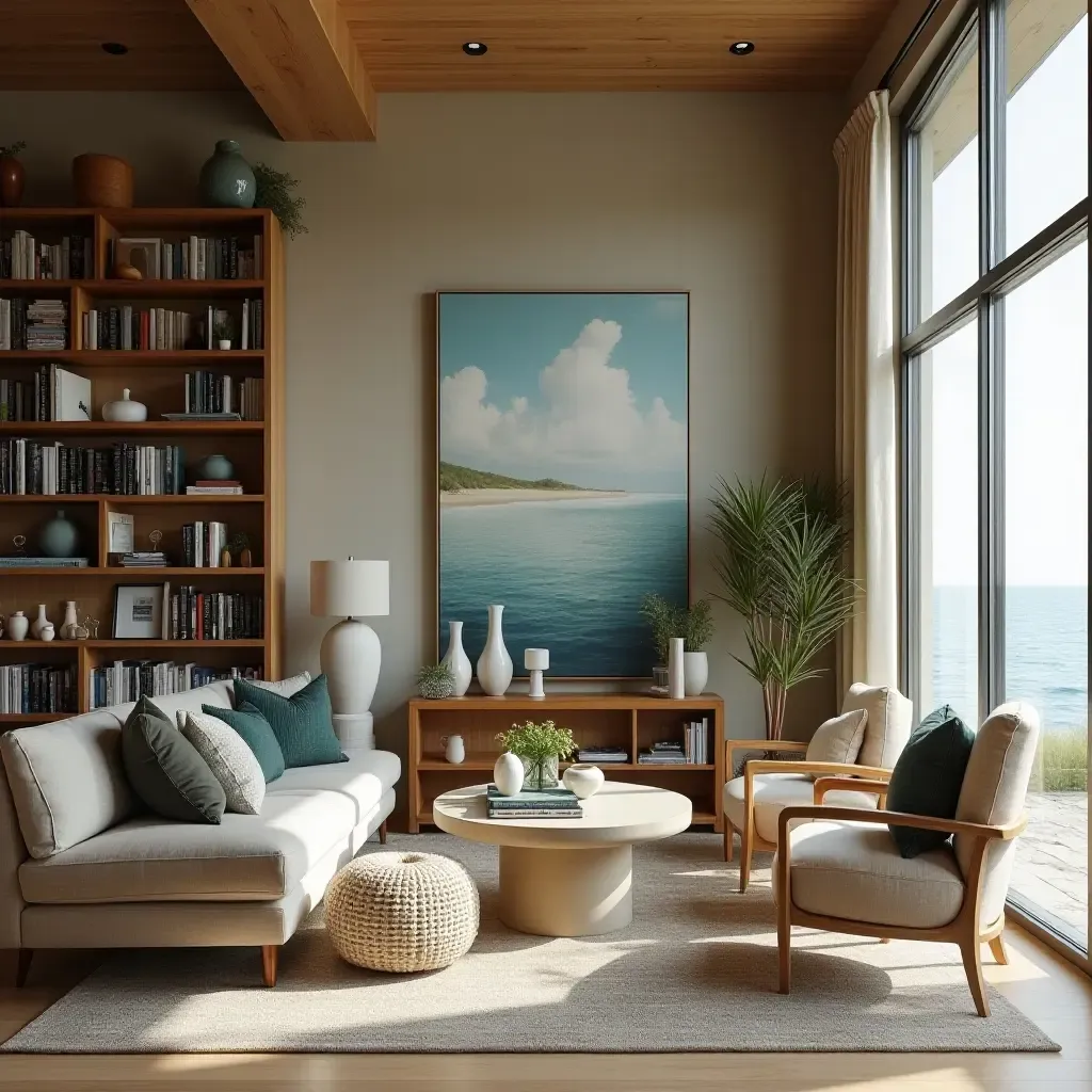 a photo of a library with decorative pottery and coastal artwork