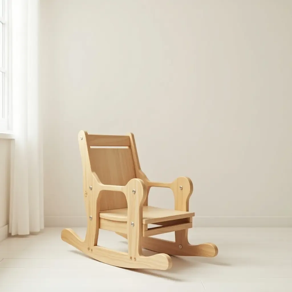 a photo of a wooden rocking chair in a nursery