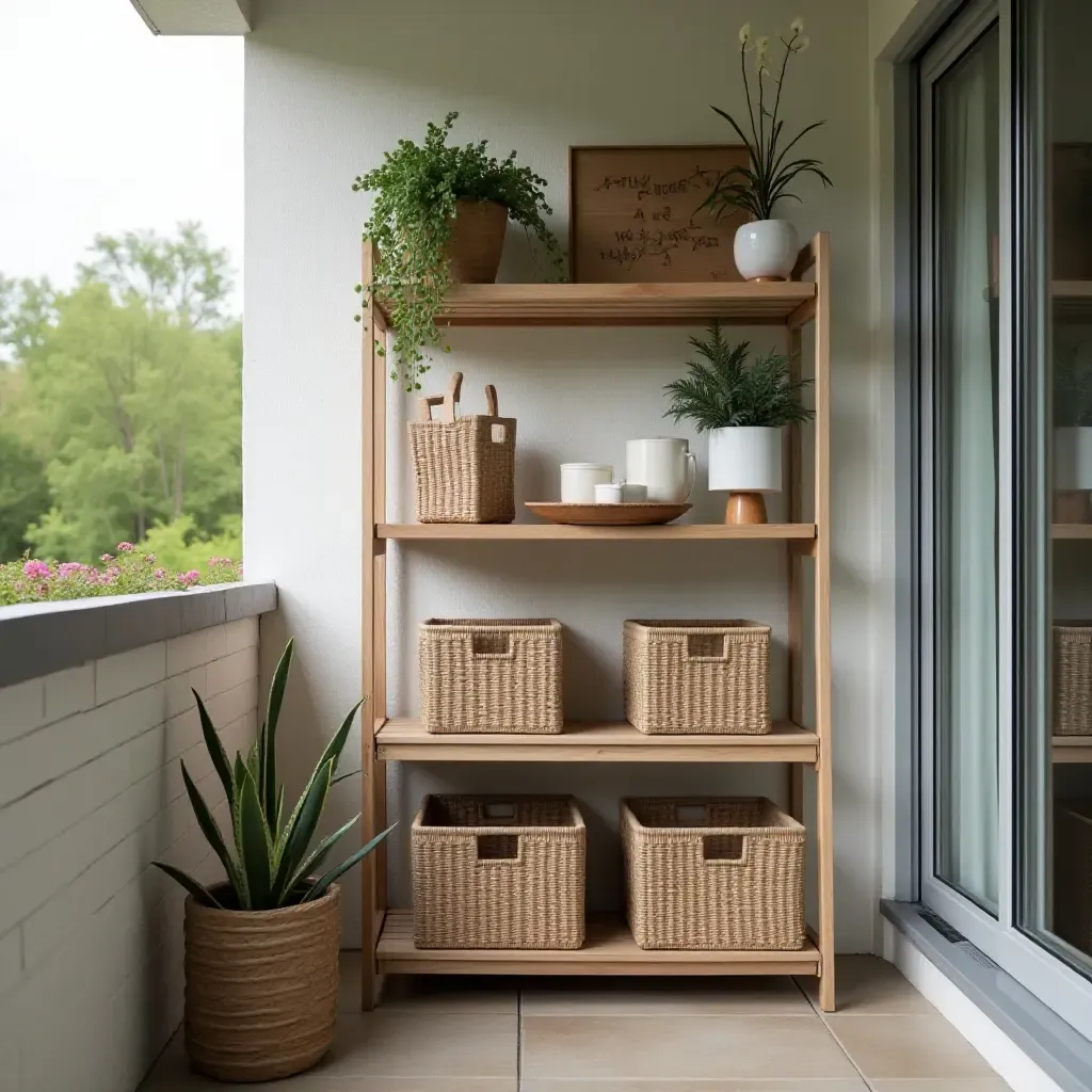 a photo of a functional balcony shelf with storage baskets and outdoor decor