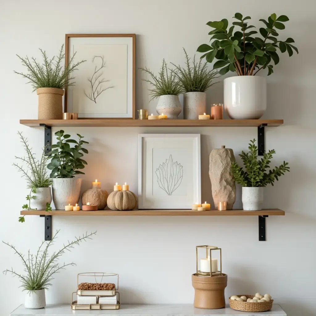 a photo of open shelving adorned with seasonal decorations and plants