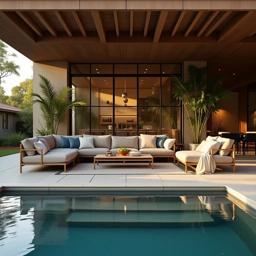 a photo of a fun lounge area with games and comfortable seating by the pool