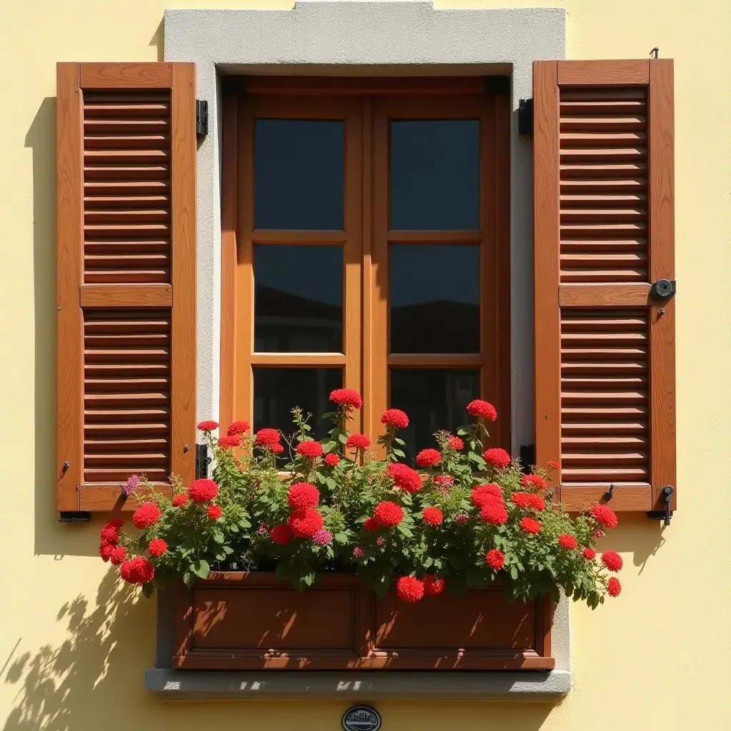 a photo of a balcony with wooden shutters and bright flowers