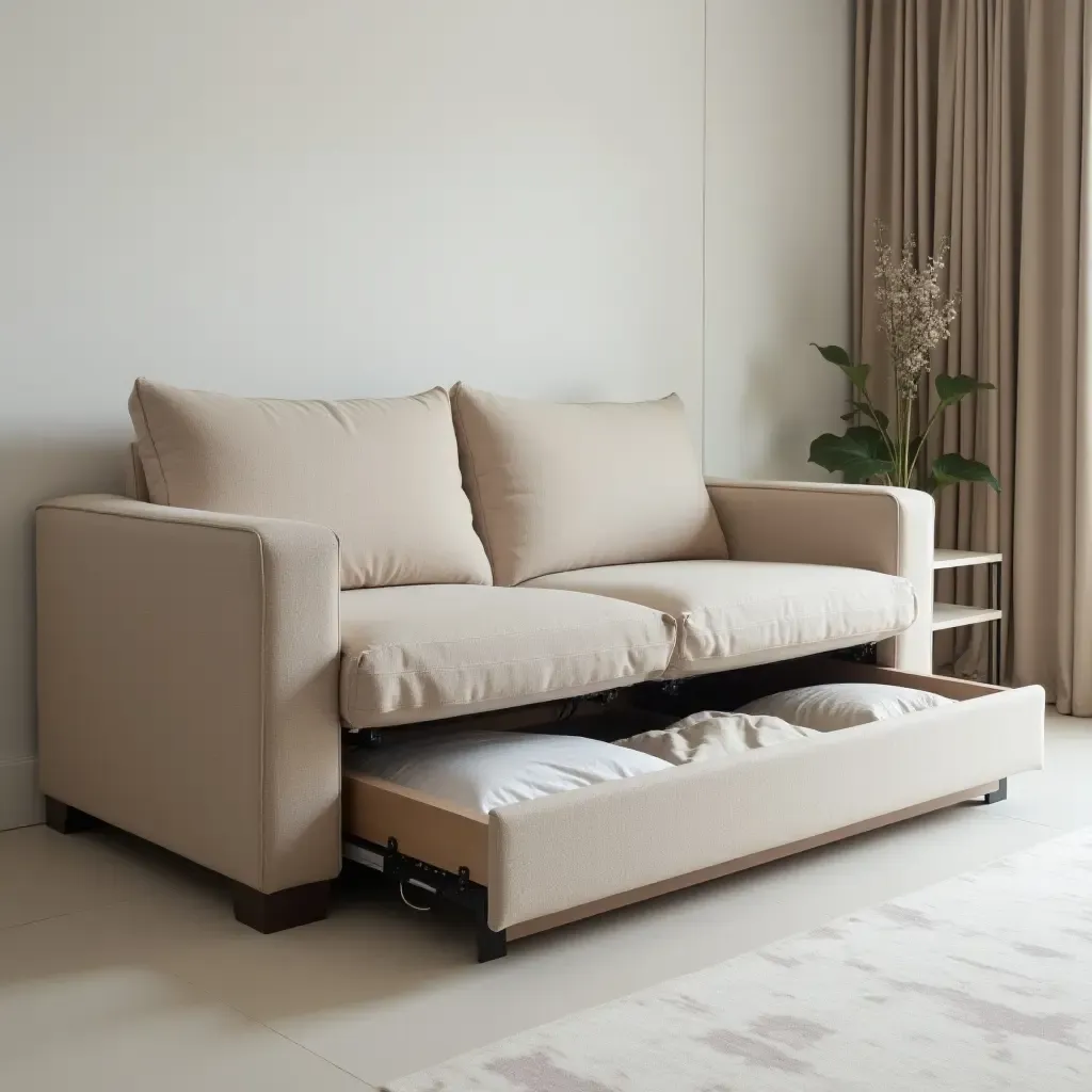 a photo of a multifunctional sofa with hidden storage underneath