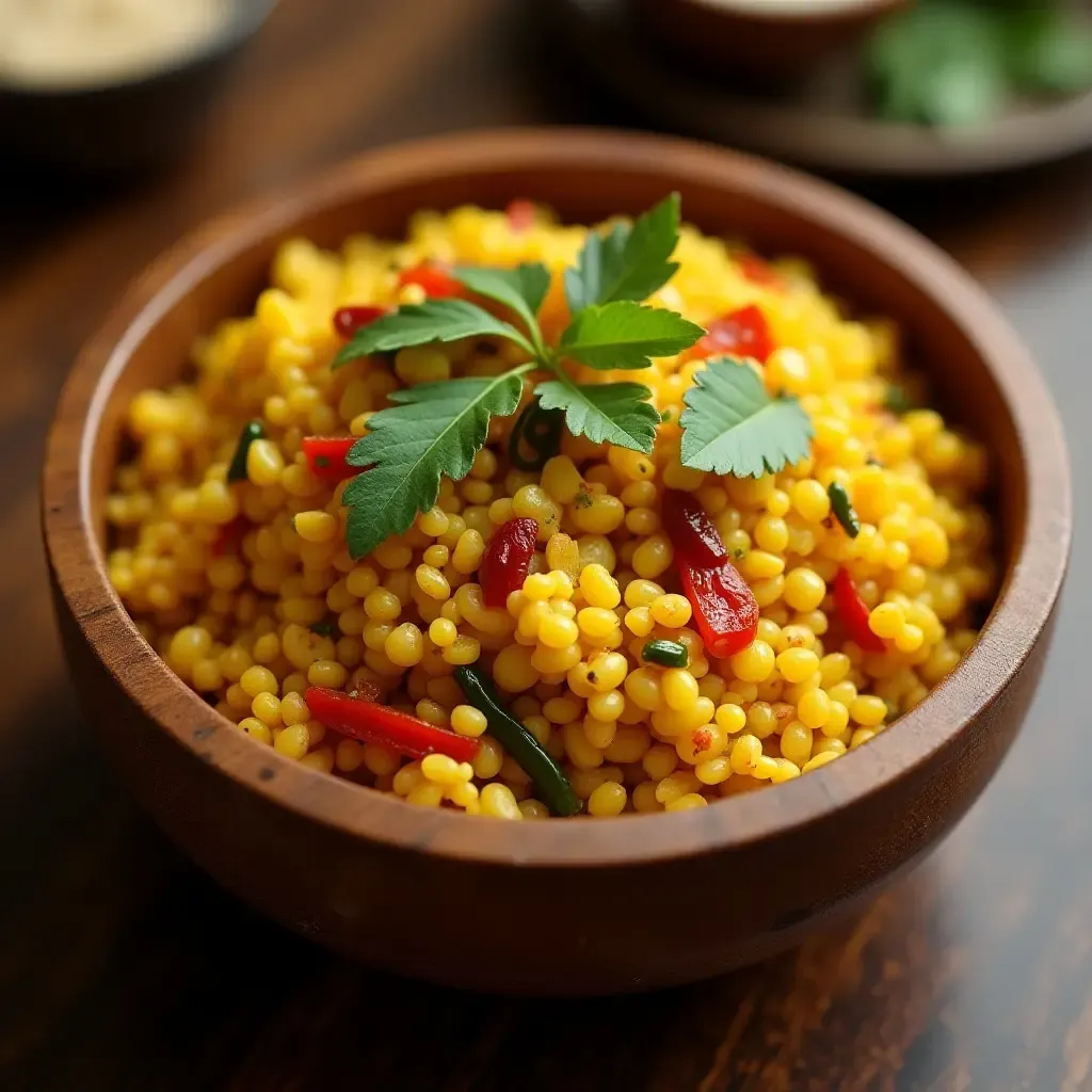 a photo of a vibrant upma with vegetables and spices, served in a traditional Indian bowl.