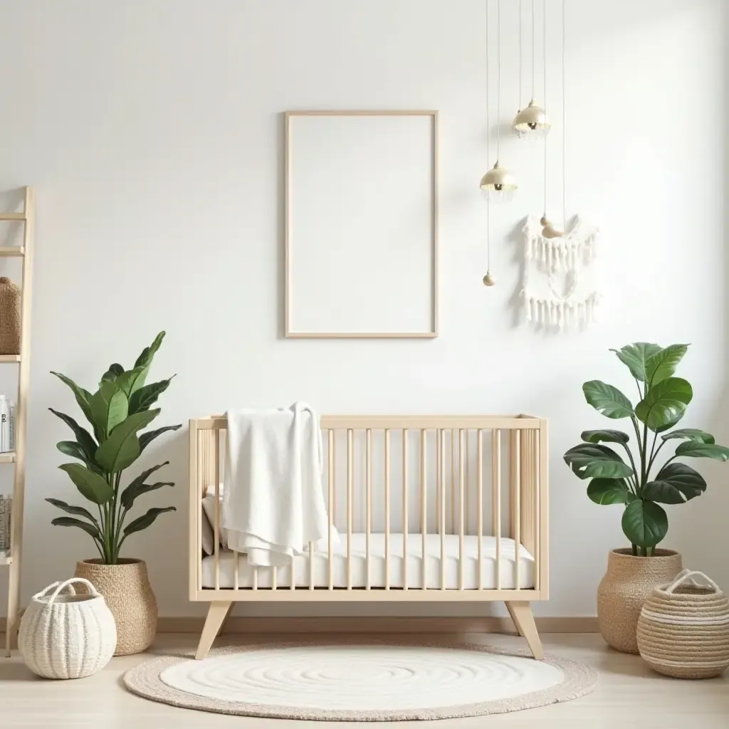 a photo of a nursery with wooden accent pieces and greenery