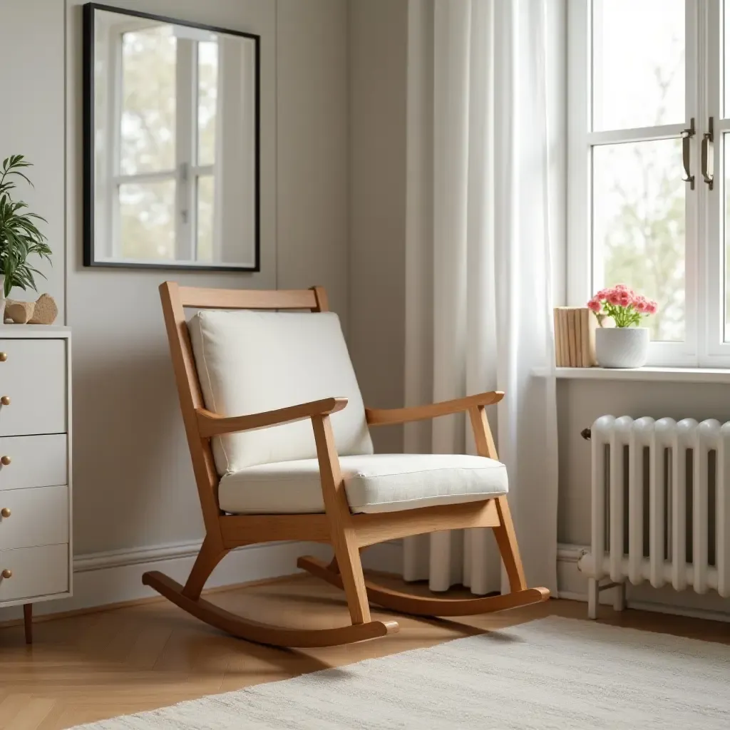 a photo of a wooden rocking chair in a bedroom corner