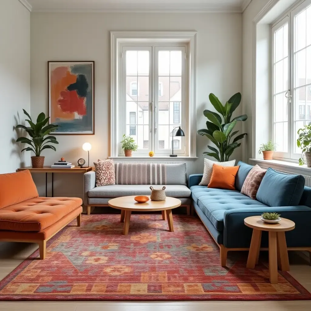 a photo of a small living room with a vibrant area rug