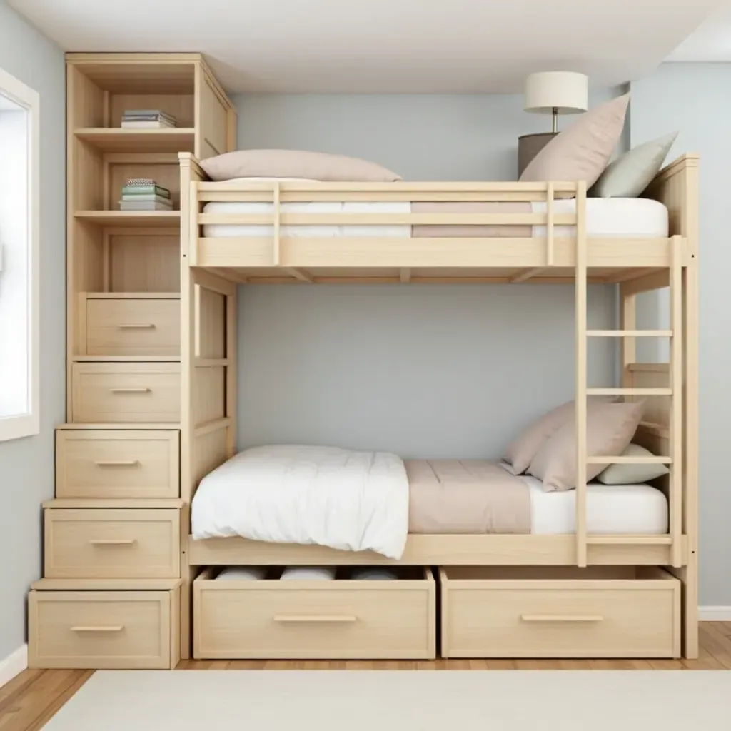 a photo of a bunk bed with built-in storage drawers and shelves