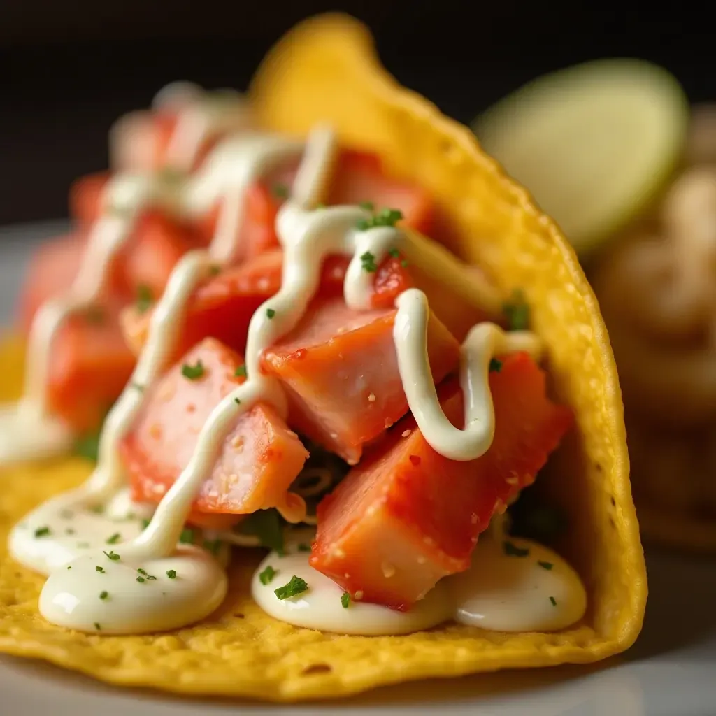 a photo of a taco topped with lobster meat and creamy garlic aioli