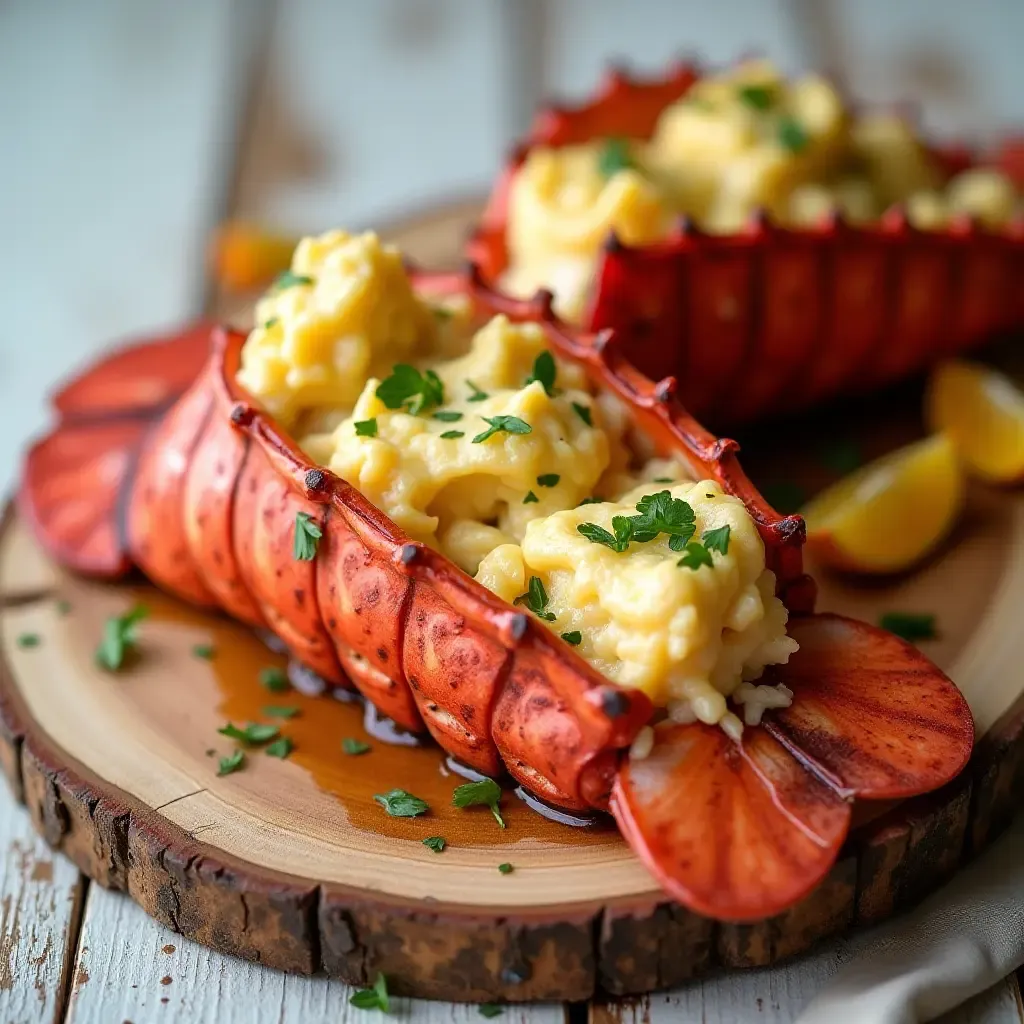 a photo of garlic butter lobster tails served on a rustic coastal table.