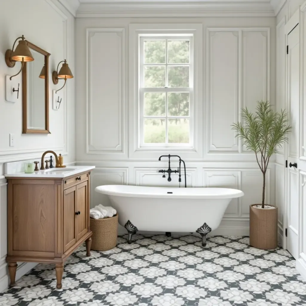 a photo of a bathroom with a classic checkered floor