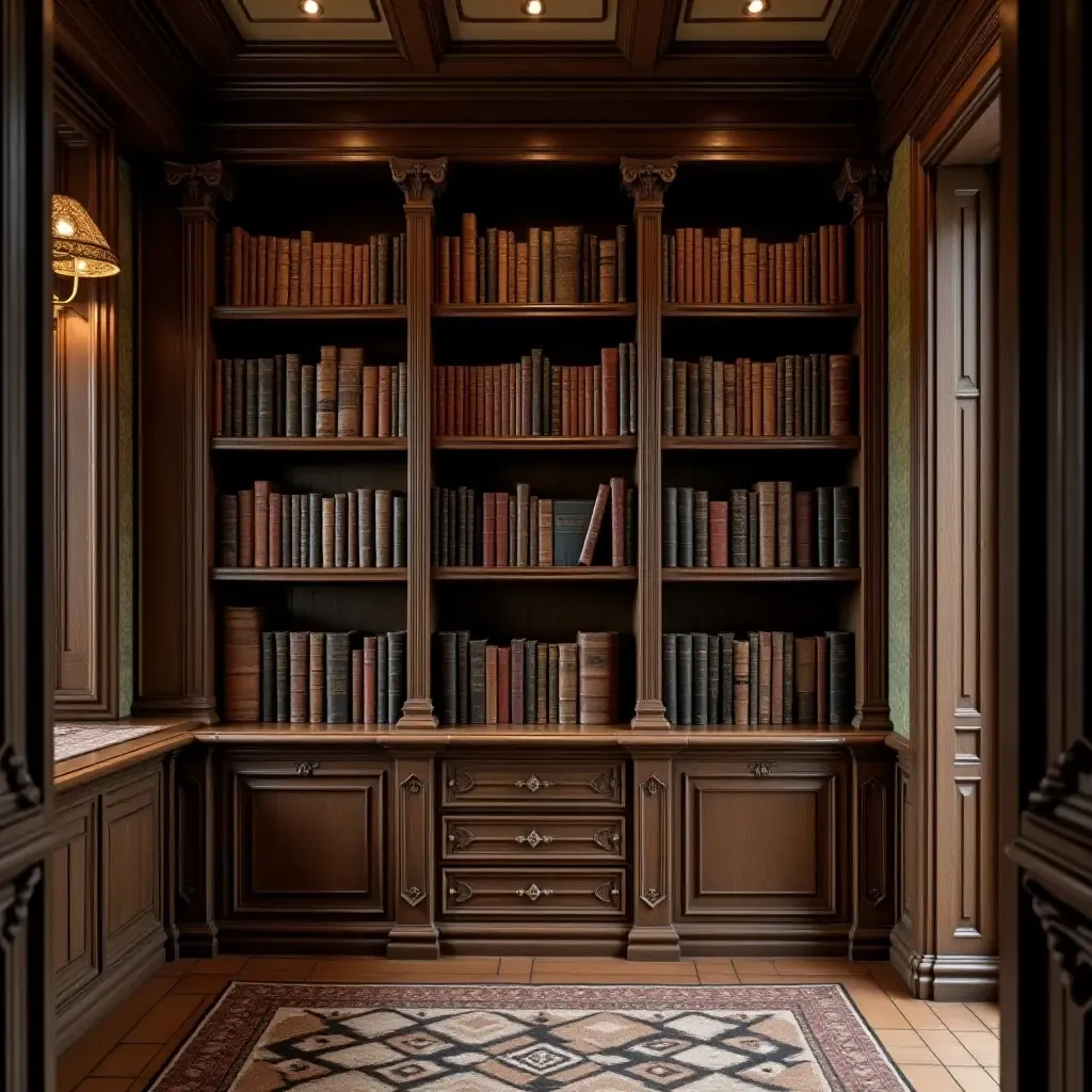 a photo of a vintage library with ornate wooden shelves and antique book storage