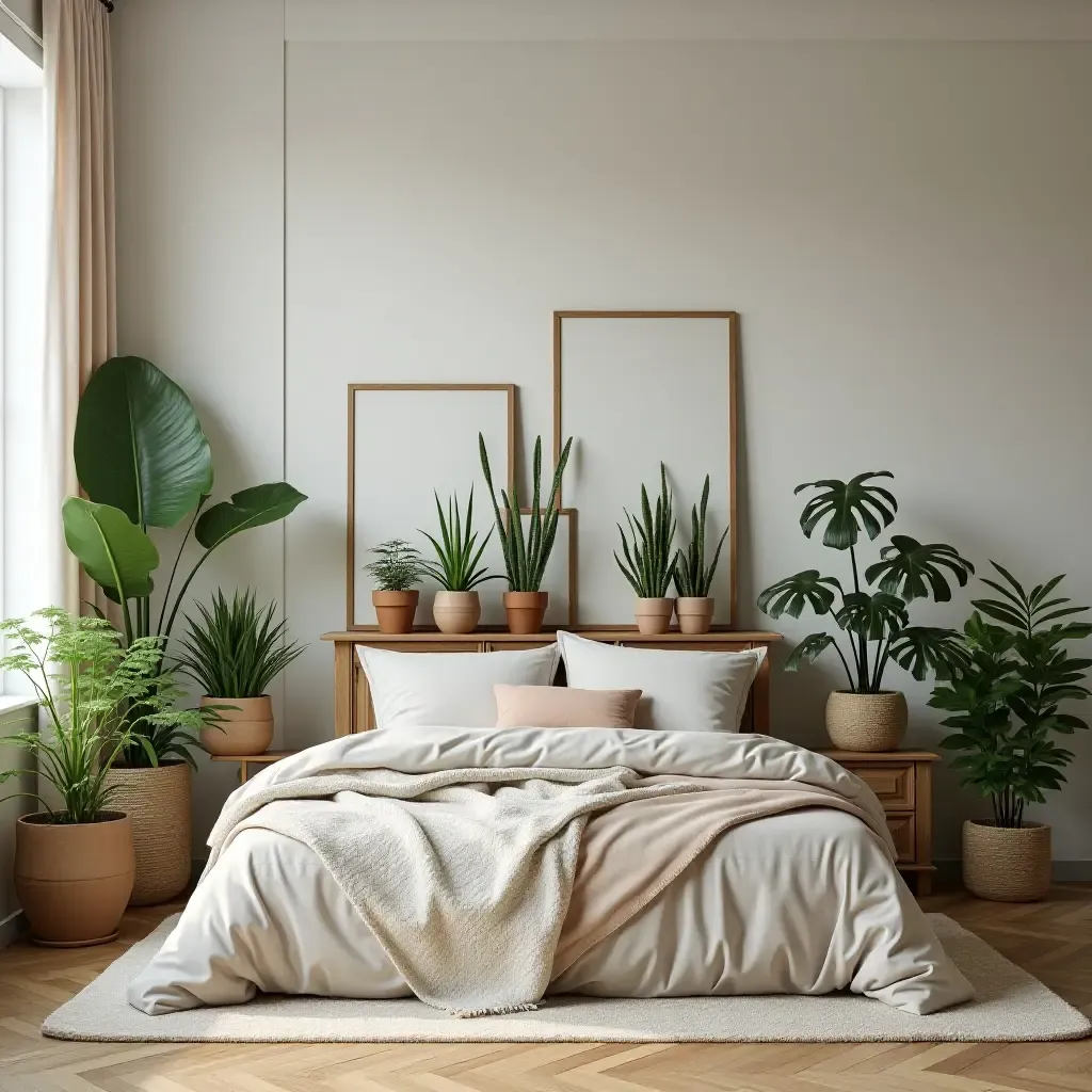 a photo of a bedroom with layered plant displays on furniture