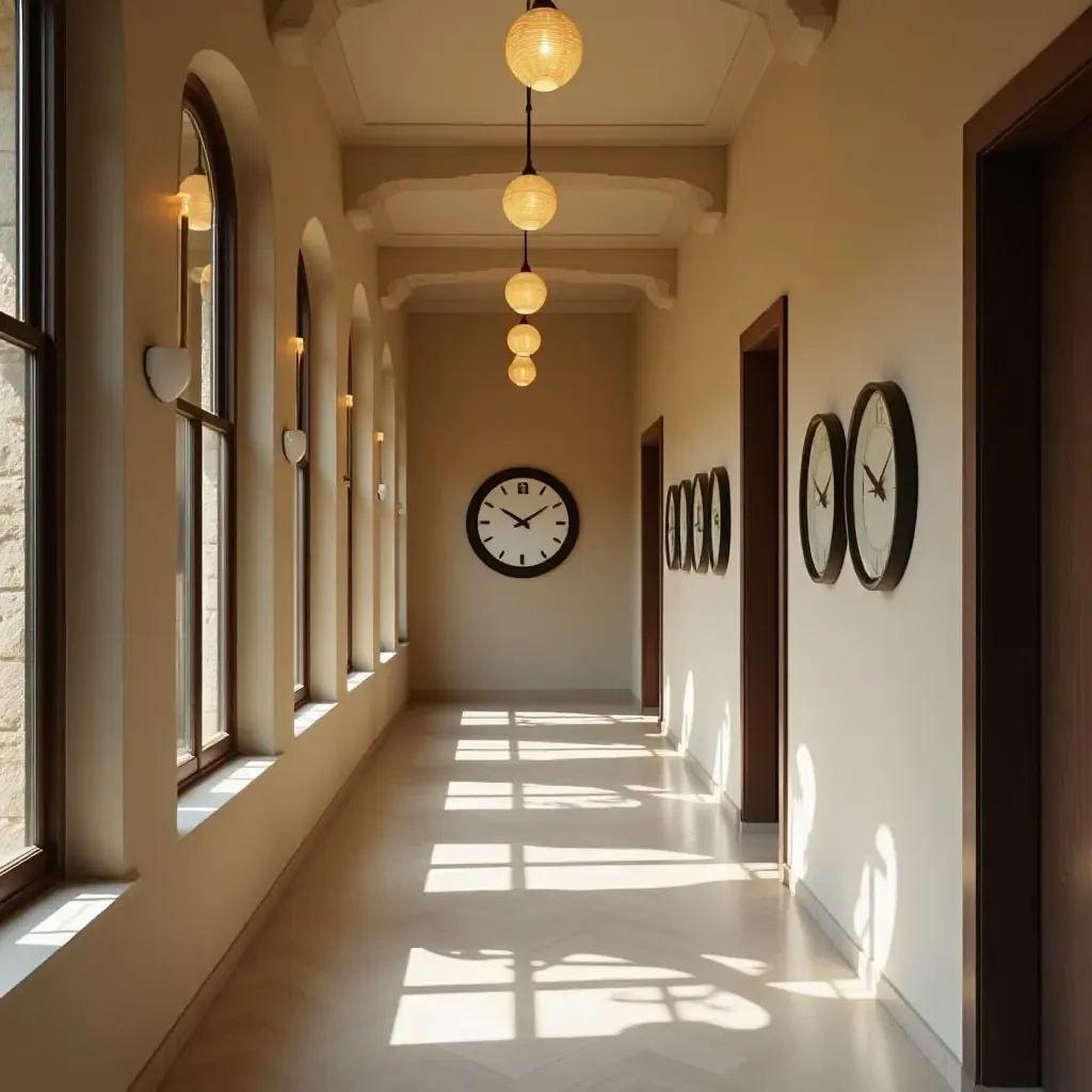 a photo of a corridor adorned with elegant wall clocks