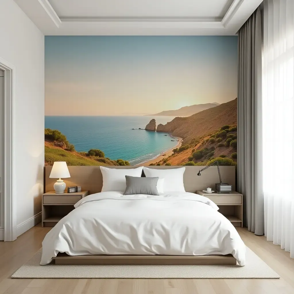 a photo of a bright bedroom with a large mural of a Mediterranean landscape