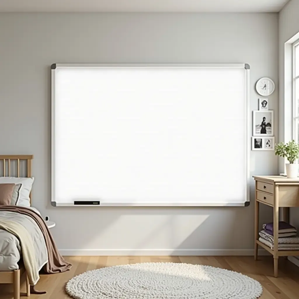 a photo of a wall featuring a large, interactive whiteboard for doodling in a teen&#x27;s bedroom