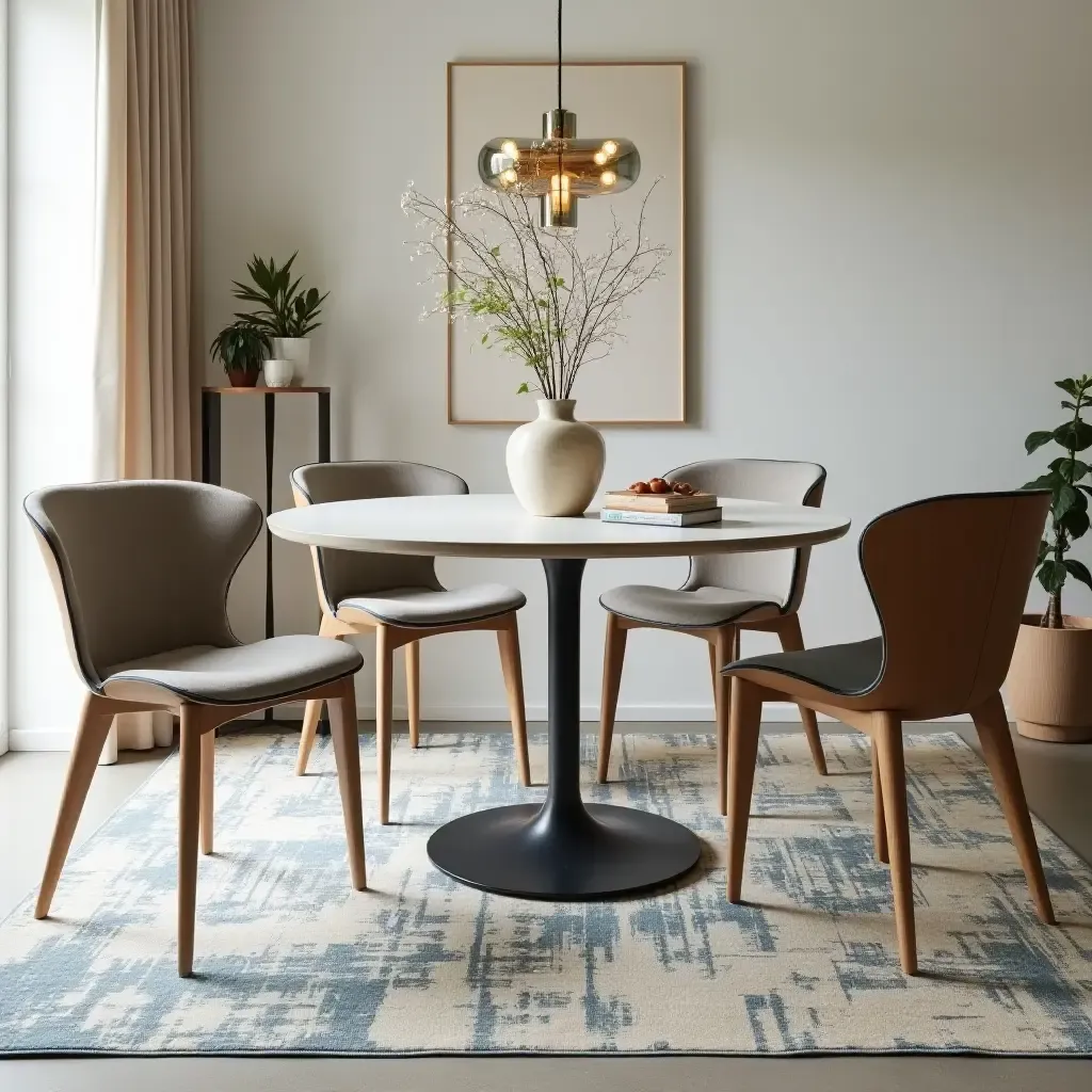 a photo of a cream and blue rug under a stylish dining table with matching chairs