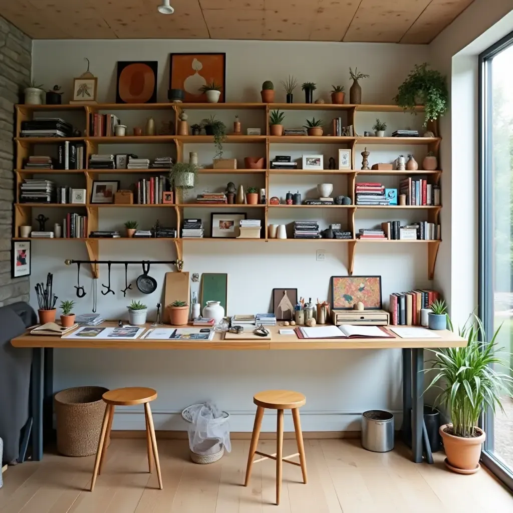 a photo of open shelving showcasing a collection of art supplies and creative tools