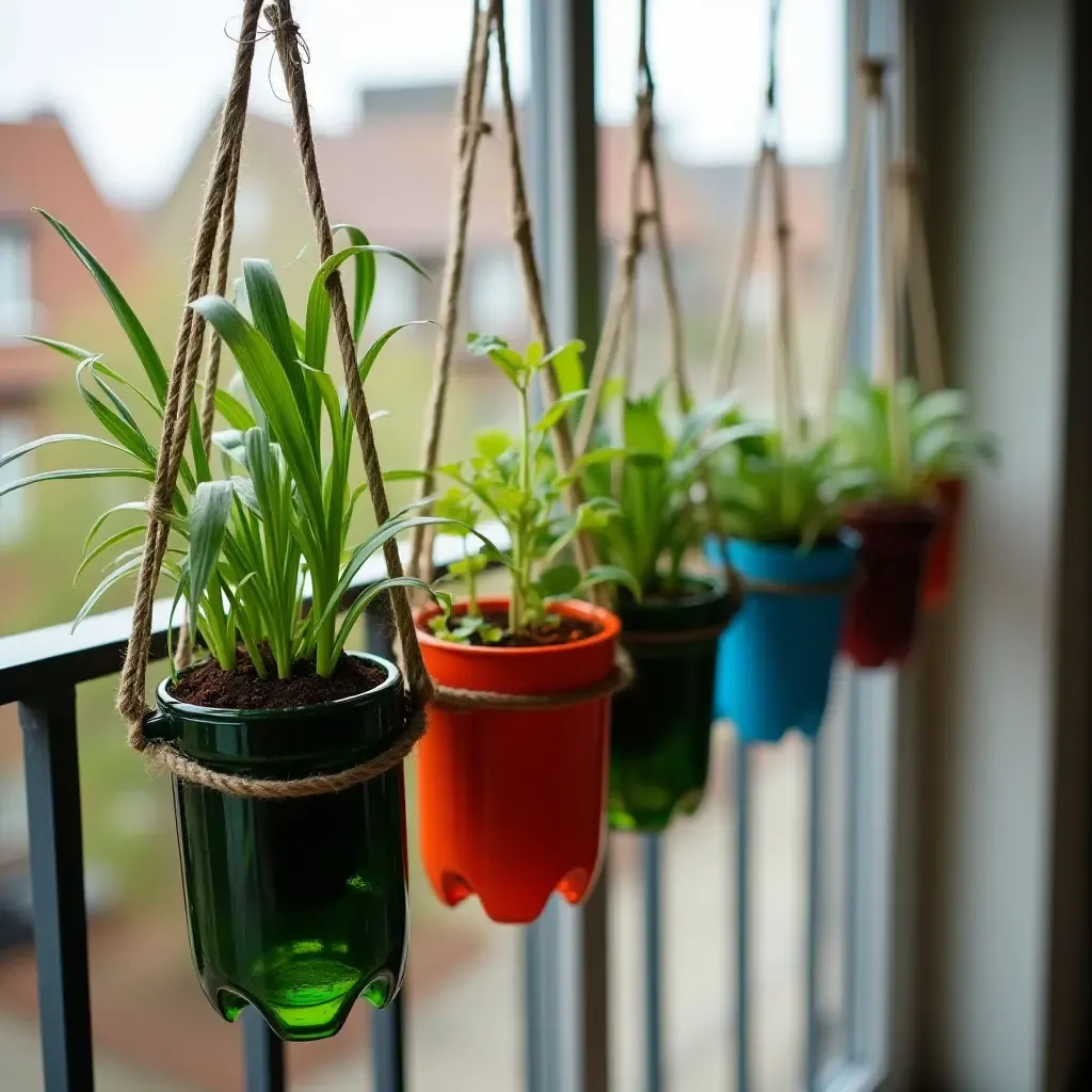 a photo of a balcony with colorful hanging planters made from recycled bottles